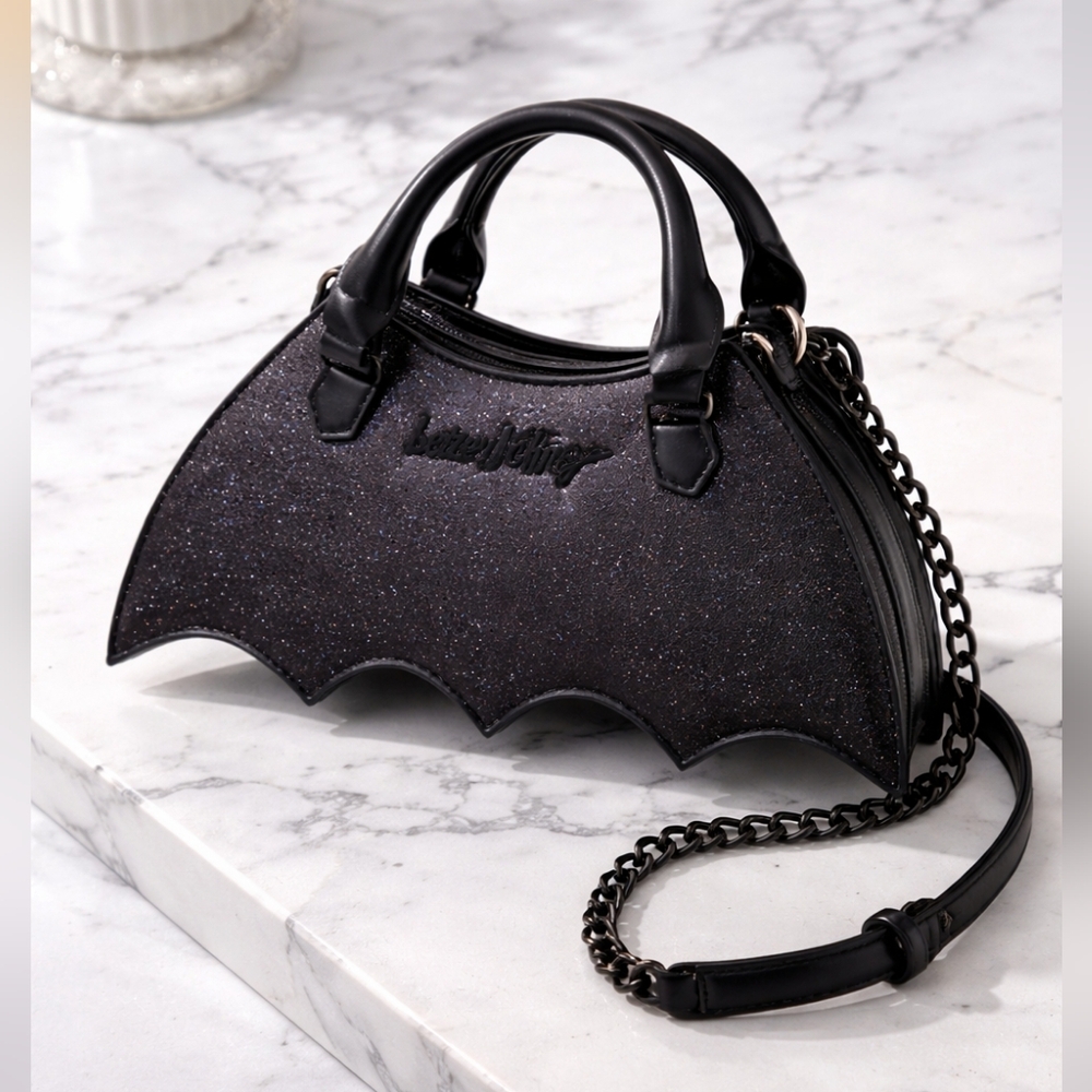 Betsey Johnson Bat Shaped Crossbody Bag Black Glitter Small NWT - Picture 3 of 9